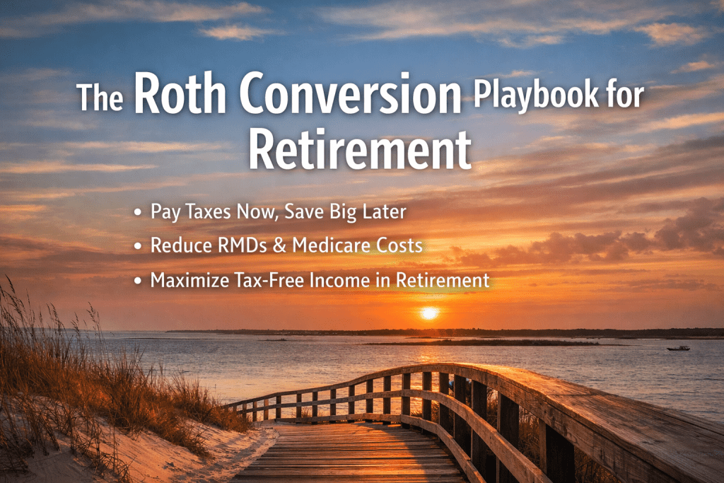 Graphic highlighting three important reasons for Roth Conversions: 1) Pay taxes now, save later 2) Reduce RMDs & Medicare costs 2) Maximize tax-free income in retirement