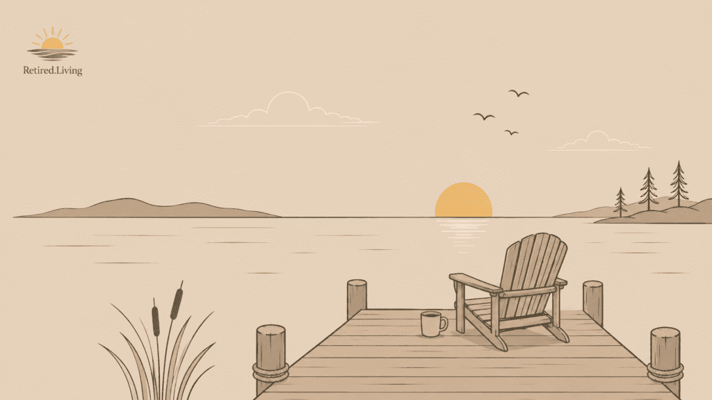 Minimalist illustration of a quiet lakeside sunrise with a wooden dock, Adirondack chair, and coffee mug overlooking calm water, styled in warm neutral tones with the Retired.Living logo in the upper left corner.