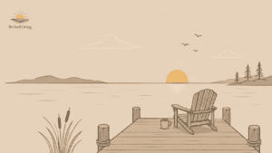 Minimalist illustration of a quiet lakeside sunrise with a wooden dock, Adirondack chair, and coffee mug overlooking calm water, styled in warm neutral tones with the Retired.Living logo in the upper left corner.