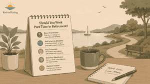 Minimalist retirement illustration featuring a tabletop planner about part-time work in retirement beside a coffee mug and notebook, overlooking a peaceful lakeside walking path and bench.