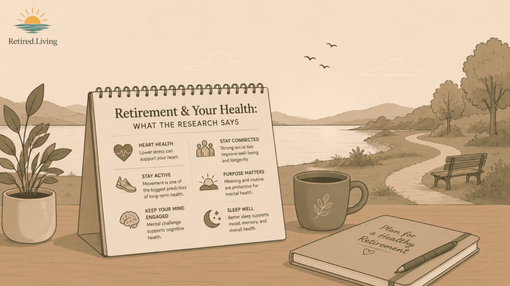 Minimalist retirement health illustration featuring a tabletop flip chart summarizing retirement wellness factors beside a coffee mug and notebook, with a peaceful lakeside walking path and bench in the background.