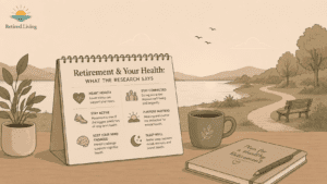 Minimalist retirement health illustration featuring a tabletop flip chart summarizing retirement wellness factors beside a coffee mug and notebook, with a peaceful lakeside walking path and bench in the background.